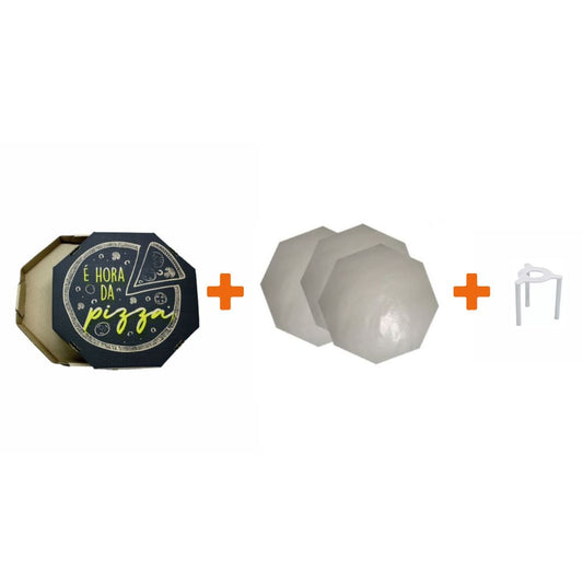 KIT PARA PIZZA 35 CM – CAIXA DE PIZZA + PAPEL MANTEIGA + SUPORTE