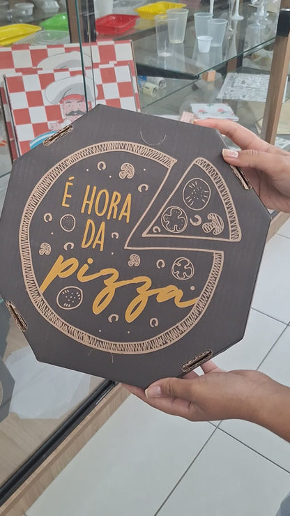 Embalagem para Pizza Kraft 30cm impressa "É hora da pizza" - Pacote com 25 unidades